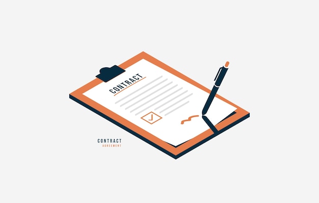 Digital signature and smart contract Isometric paper with pencil signing document on clipboard