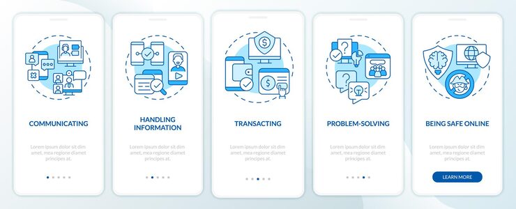 Vector 디지털 기술 블루 온보딩 모바일 앱 화면 컴퓨터 시스템 연습 선형 개념이 있는 5단계 그래픽 지침 페이지 ui ux gui 템플릿 사용된 myriad probold 일반 글꼴