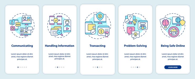 Vector digital skills onboarding mobile app screen computer systems walkthrough 5 steps graphic instructions pages with linear concepts ui ux gui template myriad probold regular fonts used