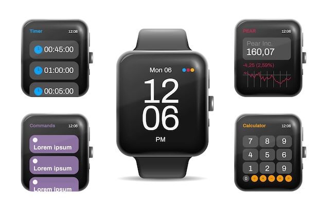 Vettore schermi di orologi digitali intelligenti con diverse funzioni, così come l'insieme realistico del calcolatore del calendario del timer a impulsi isolato illustrazione vettoriale