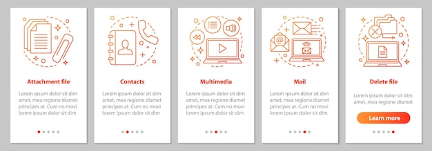 線形の概念を持つモバイルアプリページ画面をオンボーディングするデジタルソフトウェア添付ファイルメールマルチメディア連絡先ファイル削除手順グラフィック命令UXUIGUIベクトルテンプレートイラスト付き
