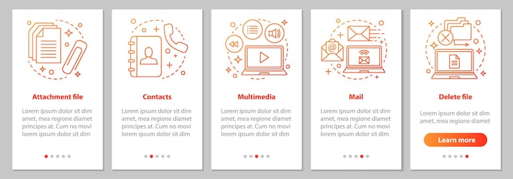 Vector digital software onboarding mobile app page screen with linear concepts attachment file mail multimedia contacts file deleting steps graphic instruction ux ui gui vector template with illustration