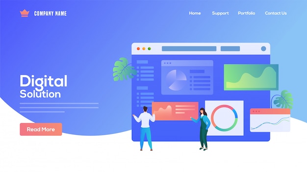 La landing page basata su una soluzione digitale con uomo e donna d'affari mantiene il sito web in blu.