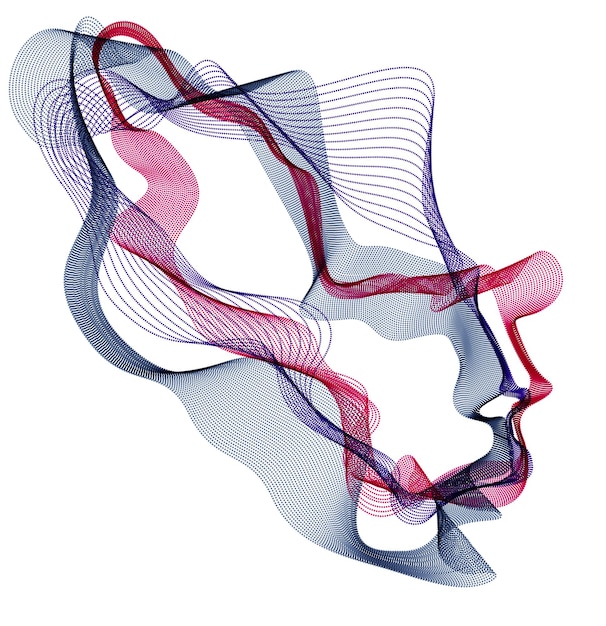 Vettore anima digitale della macchina, visualizzazione software di intelligenza artificiale della testa umana fatta di particelle punteggiate che scorrono linee d'onda. periodo di evoluzione dell'era tecnica.