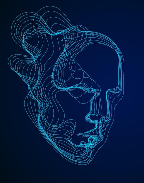 Цифровая душа машины, программная визуализация искусственного интеллекта головы человека, состоящая из точечных частиц, протекающих по массиву волновых линий. период эволюции технической эры.