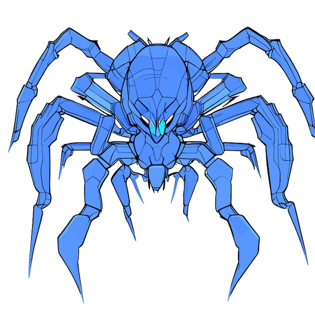 digital spider mech 8 arme blue colours spinning digital wires vector illustration line art