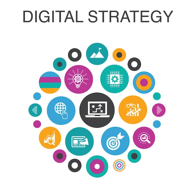 디지털 전략 Infographic 원 개념입니다. 스마트 Ui 요소 인터넷, Seo, 콘텐츠 마케팅, 미션