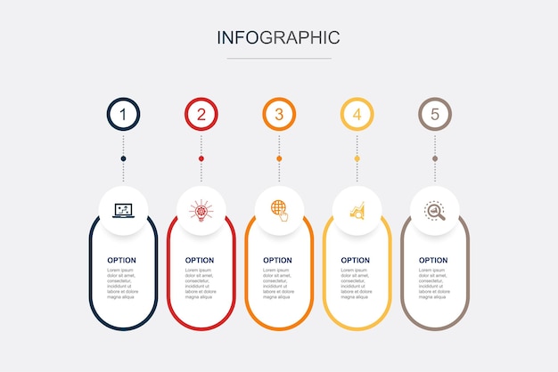 Strategia digitale innovazione internet seo sem icone modello di progettazione del layout della timeline infografica concetto di presentazione creativa con 5 passaggi