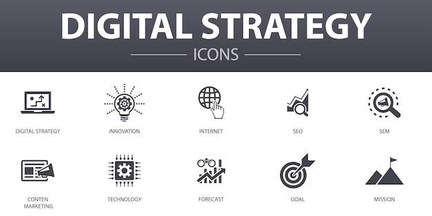 Set di icone di semplice concetto di strategia digitale. contiene icone come internet, seo, content marketing, mission e altro, può essere utilizzato per web, logo, ui/ux