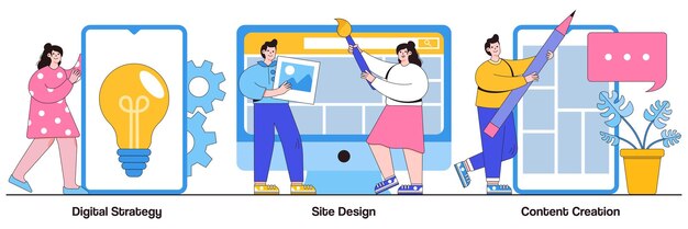 Strategia digitale, design del sito, concetto di creazione di contenuti con persone minuscole. insieme dell'illustrazione di vettore dell'estratto di vendita in uscita. scrittura creativa, sviluppo web e metafora della pubblicità mobile.