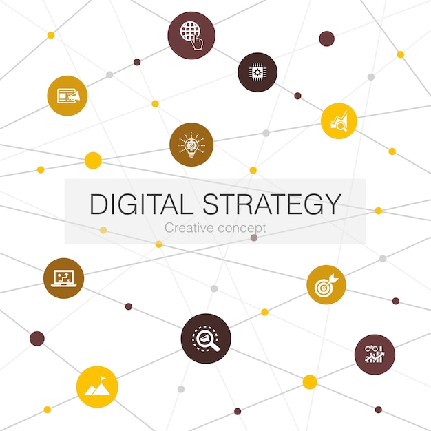 Модный веб-шаблон цифровой стратегии с простыми значками. Содержит такие элементы, как Интернет, SEO, контент-маркетинг, миссия.