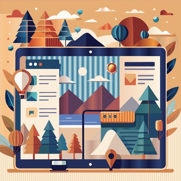 Vector a digital tablet with a picture of a forest and mountains in the background