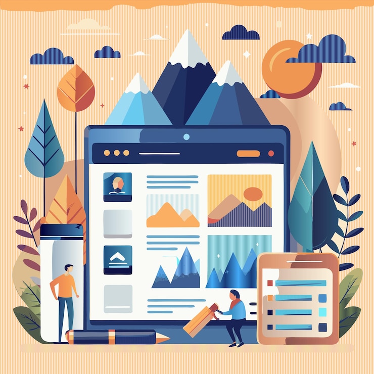 Vector a digital tablet with a picture of a mountain landscape and a man working on it