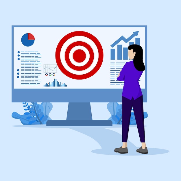 Vettore targeting digitale concetto di strategia di marketing obiettivi aziendali obiettivi del progetto di avvio donna che guarda