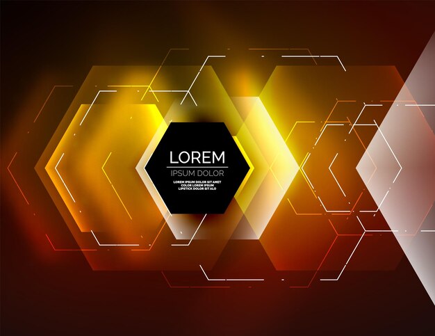 Vector digital techno abstract background glowing hexagons vector geometric hitech background with shiny light effects and figures orange yellow color