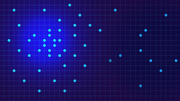 Digital technology background with glowing particles on dark blue background.