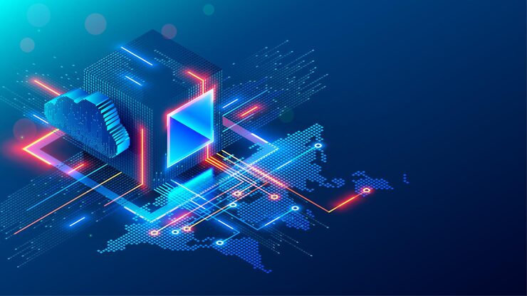Vector digital technology conceptual banner cube or block consists matrix of digits block chain of abstract data communication with world map through internet cloud computing networking shared access