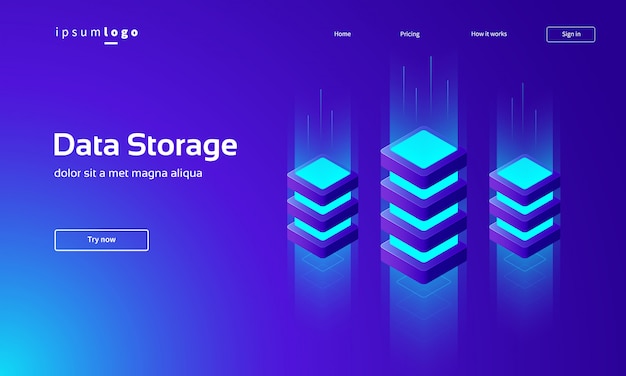 Digital technology isometric landing page, data storage