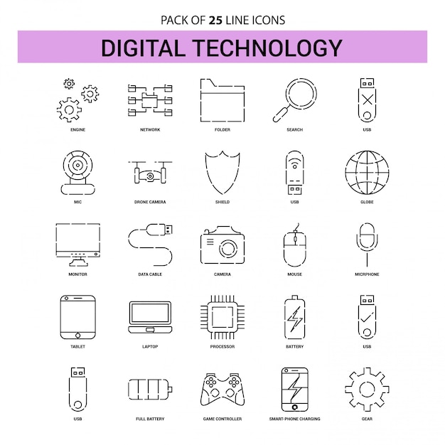 Vector digital technology line icon set - 25 dashed outline style