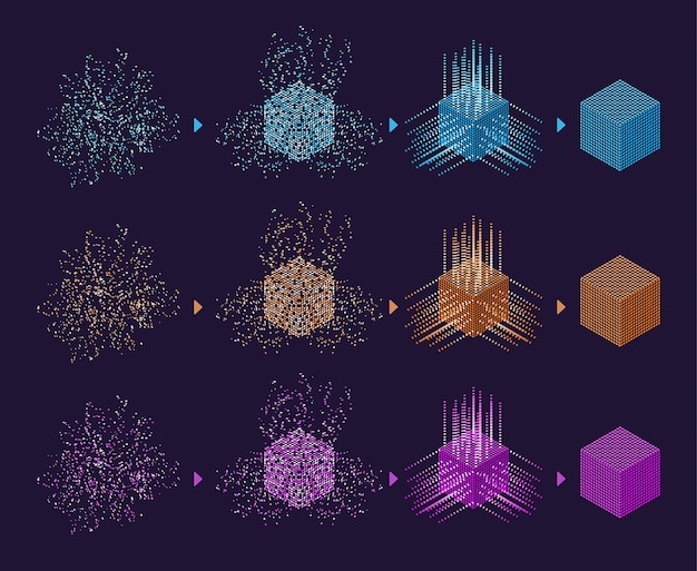 デジタルテクノロジーWebバナー。ビッグデータ機械学習アルゴリズム。情報の抽象的なバナー分析。等角投影図。科学の背景。カラフルなキューブ。