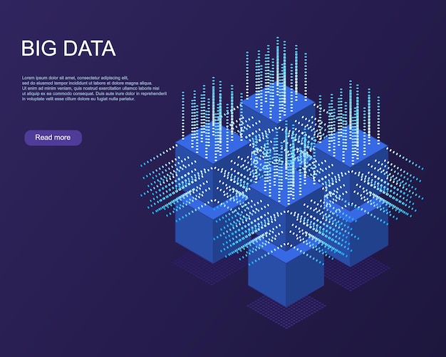 Banner web di tecnologia digitale. algoritmi di machine learning per big data. analisi astratta della bandiera delle informazioni. vista isometrica. sfondo blu scuro di scienza.