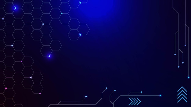 Digital technology with circuit board and glowing particles on dark blue background design concept