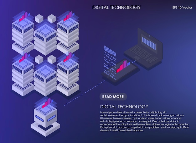 Vector digital technologys isometric data center vector information processing and storage isometric design concept virtual reality and development server room