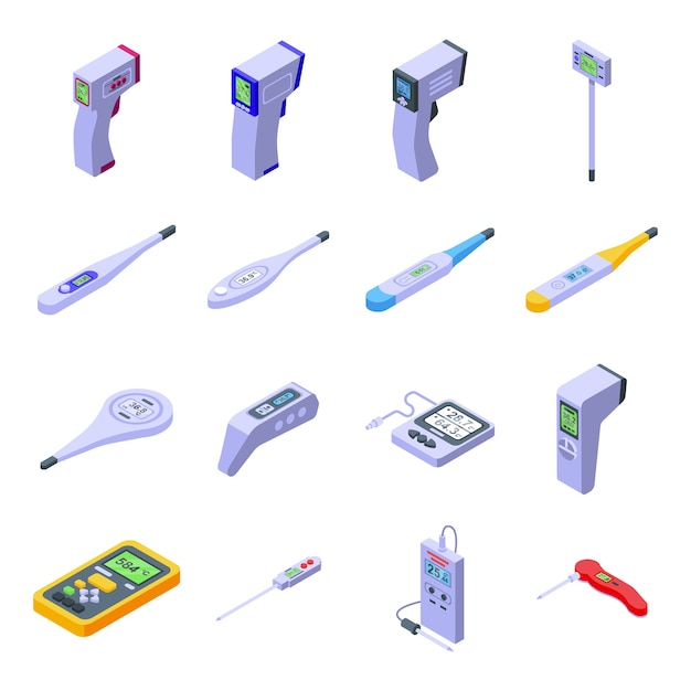 Vector digital thermometer icons set. isometric set of digital thermometer  icons for web  isolated on white background