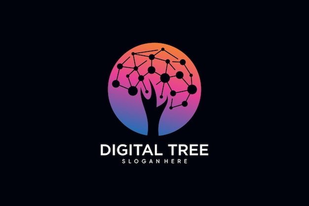 Vettore di progettazione di logo digitale per l'albero per la tecnologia con concetto di cerchio e idea creativa