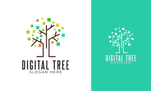 Vettore design del logo dell'albero digitale con foglia di pixel