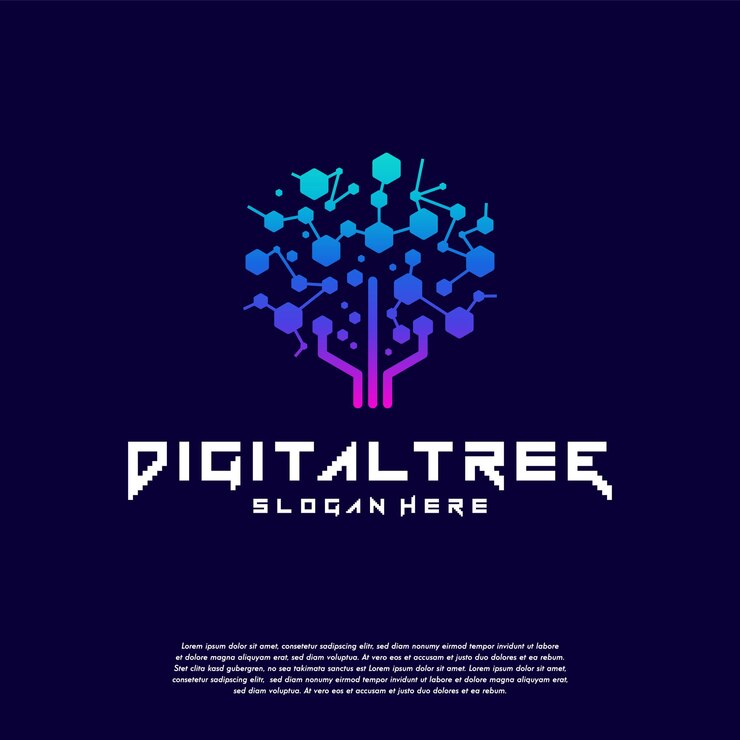 Vector digital tree logo designs concept vector dark background, modern tree tech logo template, logo symbol icon