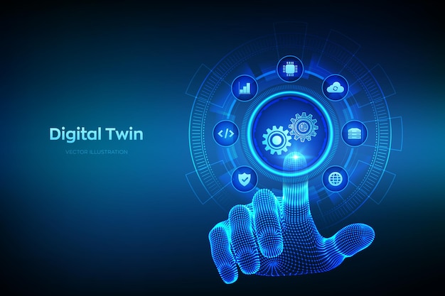 Vector digital twin business and industrial process modelling technology concept on virtual screen