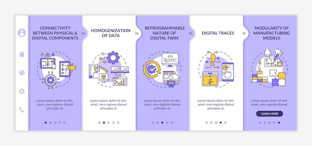 Modello di vettore di onboarding delle caratteristiche dei gemelli digitali. sito mobile reattivo con icone. procedura dettagliata della pagina web 5 schermate di passaggio. tracce digitali concetto di colore con illustrazioni lineari