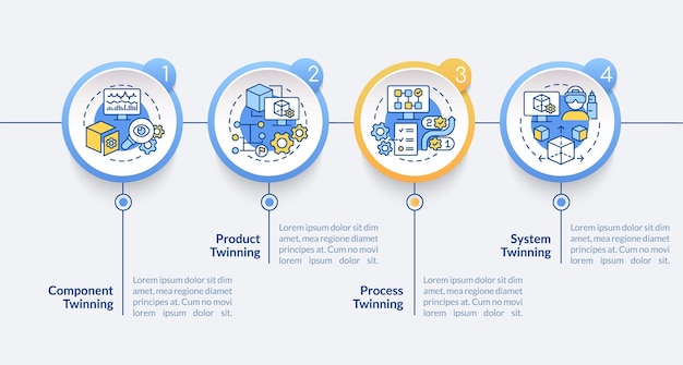 벡터 디지털 트윈 레벨 원 infographic 템플릿입니다. 구성 요소 트위닝. 4단계로 데이터 시각화. 타임라인 정보 차트를 처리합니다. 라인 아이콘이 있는 워크플로 레이아웃입니다. lato-bold, 일반 글꼴 사용