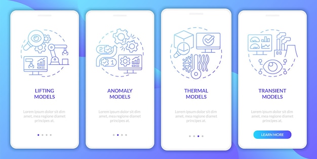 Modelli digital twin gradiente blu onboarding schermata dell'app mobile procedura dettagliata in 4 passaggi pagine di istruzioni grafiche con concetti lineari modello gui ui ux myriad probold caratteri standard utilizzati