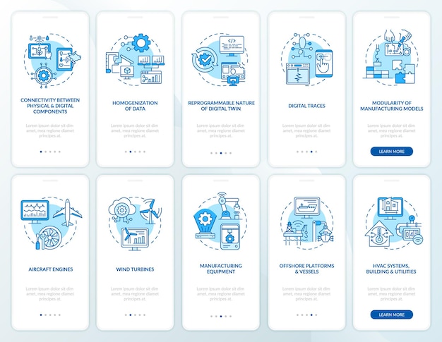 digital twin onboarding mobile app page screen set. modern computers walkthrough 5 steps graphic instructions with concepts. ui, ux, gui vector template with linear color illustrations