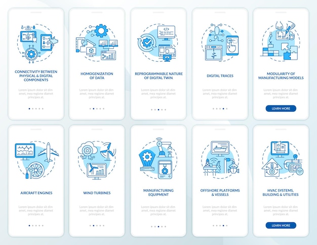 Set di schermate della pagina dell'app mobile di onboarding dei gemelli digitali. computer moderni procedura dettagliata 5 istruzioni grafiche con concetti. modello vettoriale ui, ux, gui con illustrazioni a colori lineari