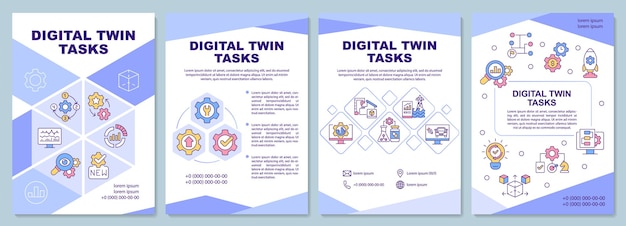 Digital twin tasks blue brochure template. Manufacturing. Booklet print design with linear icons. Vector layouts for presentation, annual reports, ads. Arial-Black, Myriad Pro-Regular fonts used