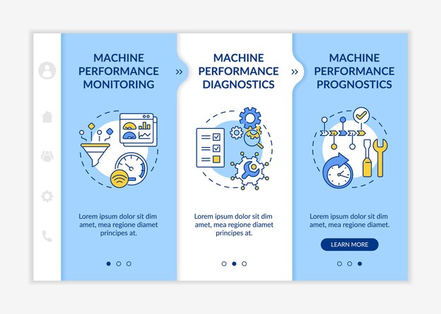 Vector digital twin tasks onboarding vector template. responsive mobile website with icons. web page walkthrough 3 step screens. machine performance monitoring color concept with linear illustrations