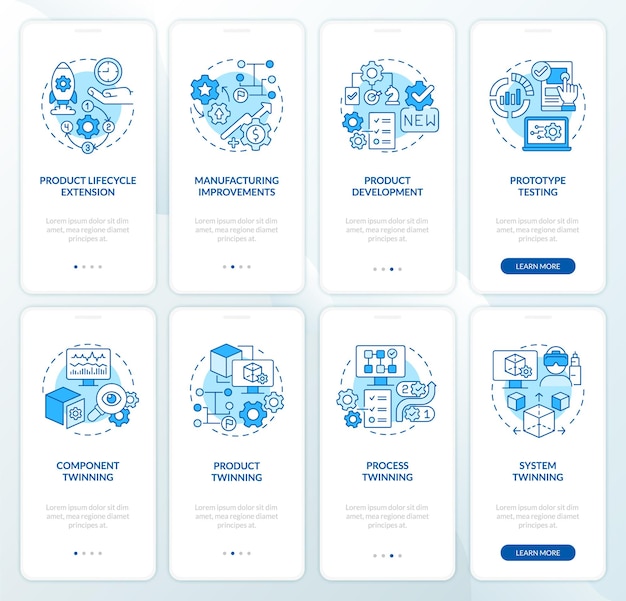 Set di schermate dell'app mobile per l'onboarding blu con tecnologia gemella digitale. guida al gemellaggio 4 passaggi pagine di istruzioni grafiche con concetti lineari. ui, ux, modello gui. miriadi di caratteri pro-bold, normali utilizzati