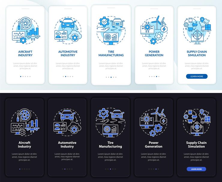 Vector digital twin usage night and day mode onboarding mobile app screen. walkthrough 5 steps graphic instructions pages with linear concepts. ui, ux, gui template. myriad pro-bold, regular fonts used