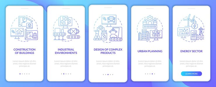 Vector digital twin use cases blue gradient onboarding mobile app screen walkthrough 5 steps graphic instructions pages with linear concepts ui ux gui template myriad probold regular fonts used