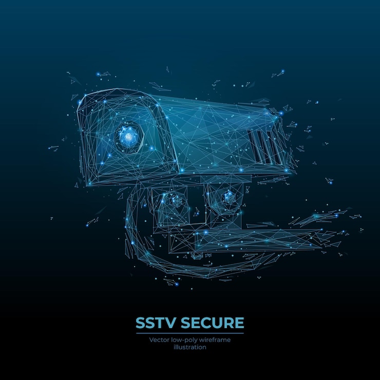 Vector digital vector 3d illustration of sstv camera consisting of lines dots and particles low poly