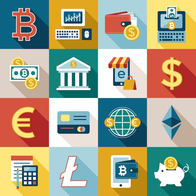 Digital vector bitcoin cryptocurrency and electronic money payments transfer icons set