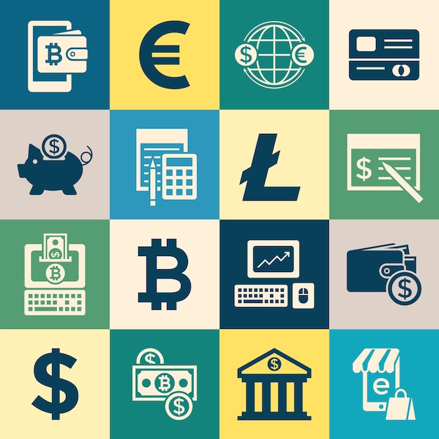 Digital vector bitcoin cryptocurrency and electronic money payments transfer icons set