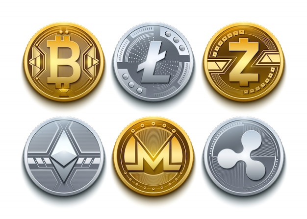 Digital vector cryptocurrency set icons. Bitcoin, Ethereum, Litecoin, Monero, Ripple and Z