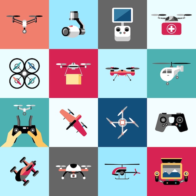 Digital vector flying drone objects icon set collection