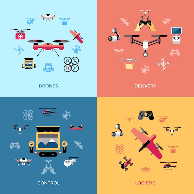 Digital vector flying drone objects icon set collection