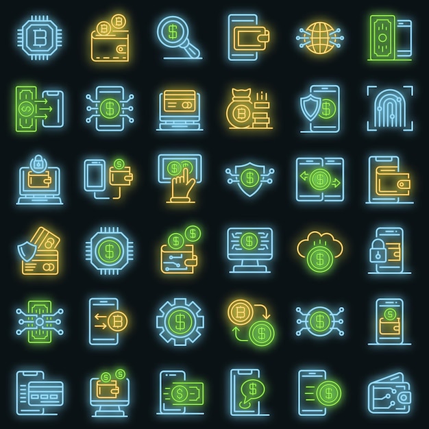 Digital wallet icons set. outline set of digital wallet vector icons neon color on black