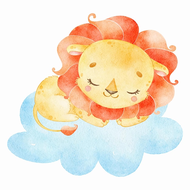 Digital watercolor cute cartoon lion is sleeping small tropical animals